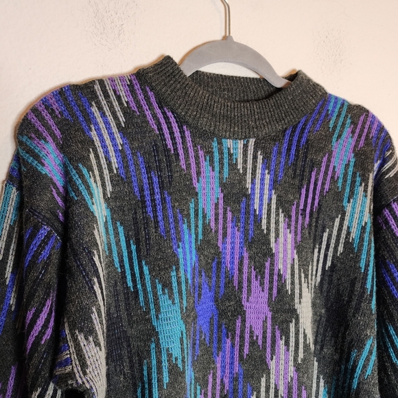 Vintage Cambridge Classice Wool Blend Knit Sweater Grey Blue Purple Medium - Picture 12 of 13